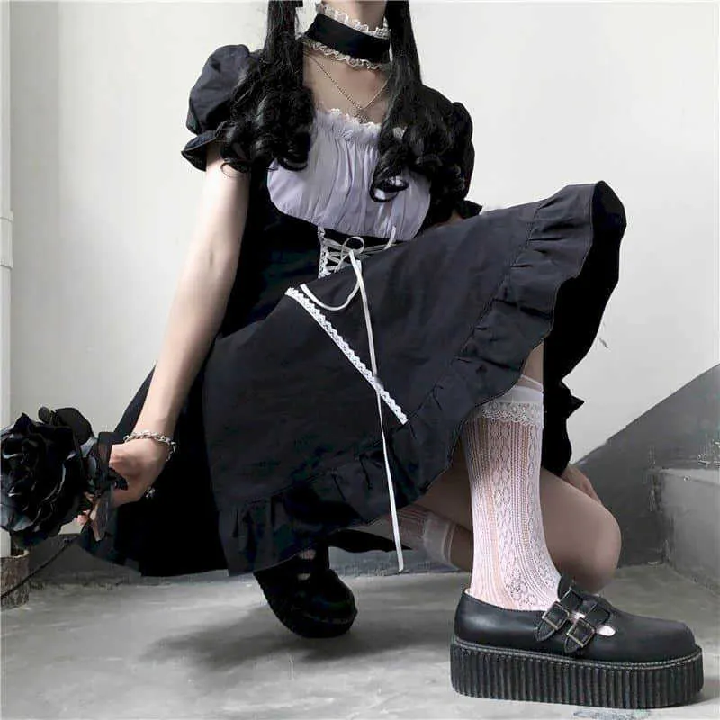 Koyu Siyah Puf Kollu Bel Elbise Kadınlar Japonya Yumuşak Kız Sevimli Lolita Etek Gotik Koyu Kawaii Beyaz Kravat 210526