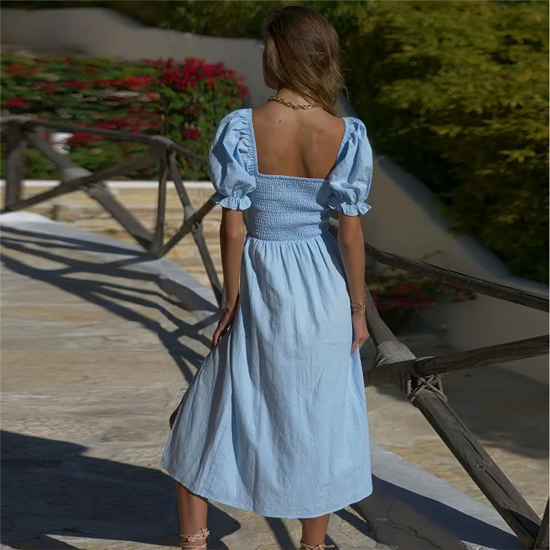 ISAROSE Summer Cotton Linen Dress with Slit Women Stretch Pleated Puff Sleeves Square Collar One-piece Mid-calf Dresses 210422