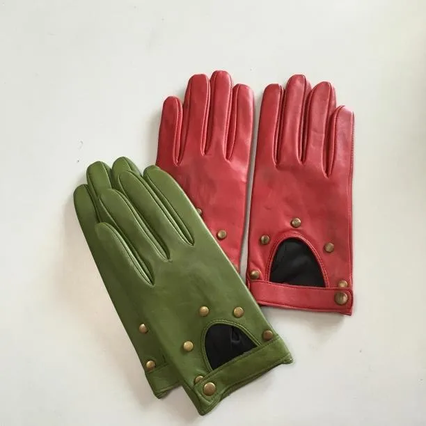 Five Fingers Gloves 2021 Half Palm Glove Rivet Pins Street Fashion Driving Genuine Real Goat Leather Women Short Mittens
