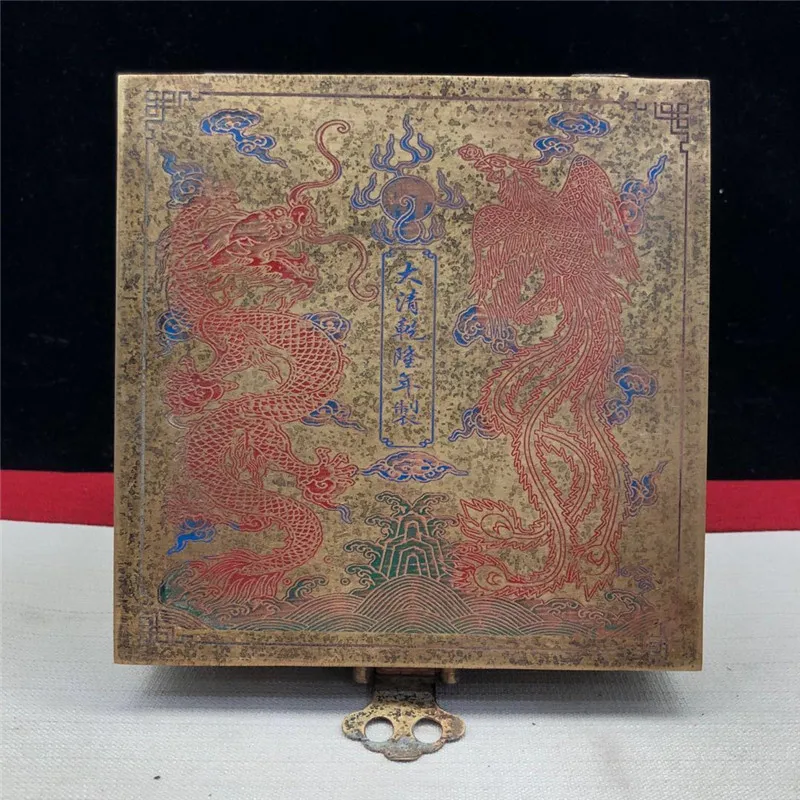 Pirinç Koleksiyonu Quartet Ejderha ve Phoenix Kartuş Kabartma Renk Boyama Bakır Kutu Qing Hanedanı Takı Saklama Kutusu
