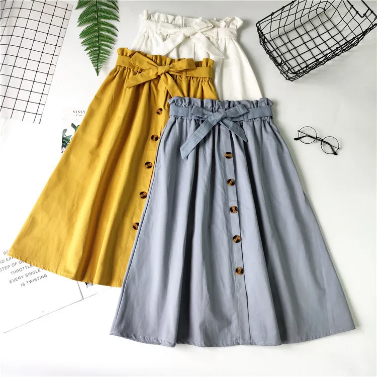 Sommar Kvinnor Kjolar Elegant Single-Breasted Elastic High Waist Solid Casual Bow Tie A-Line Knee-Length Skirt Lady 210514