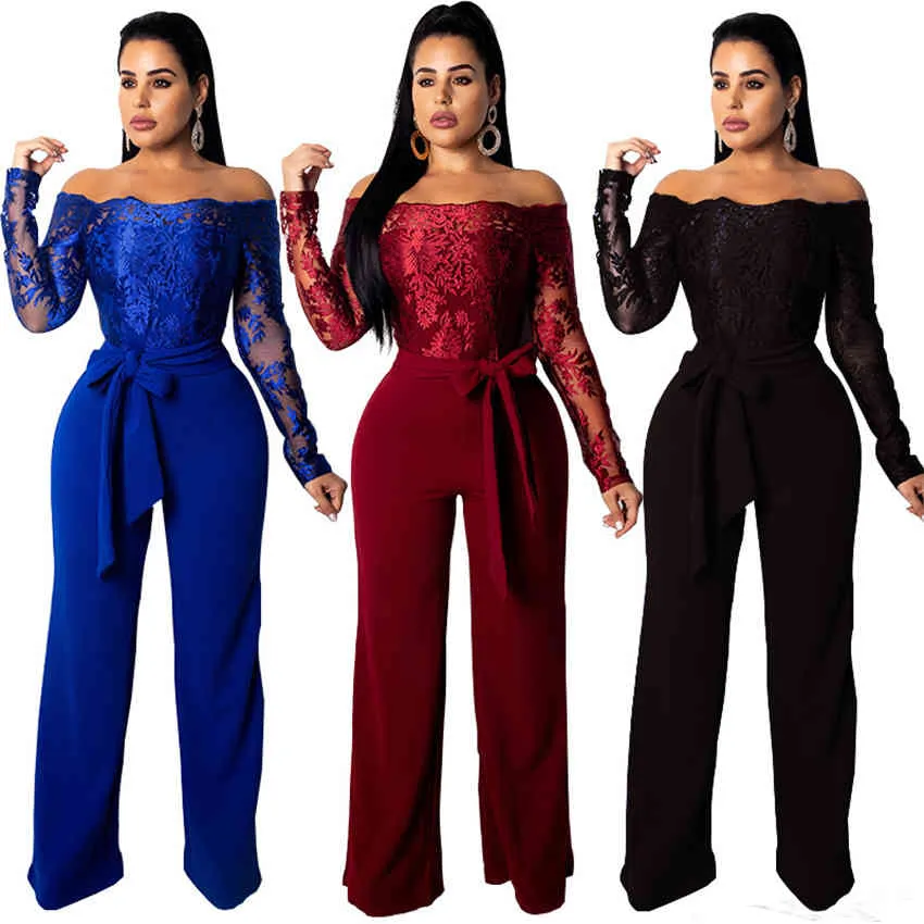 Frauen Frühling Langarm Blau Strampler Floral Durchsichtig Spitze Patchwork Bogen Rückenfrei Büro Dame Harem Hosen Overall Overalls 210520