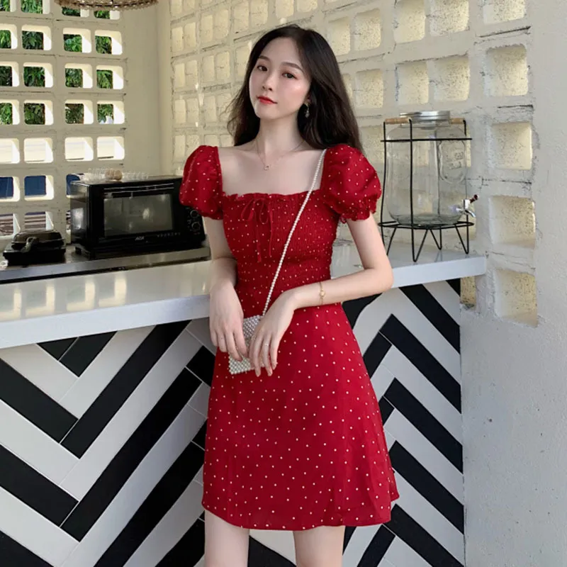 Polka Dot Vintage Frauen Kleid Hohe Taille Mode Vestidos Rot A-linie Frühling Sommer Kleider Koreanische Quadrat Kragen 15628 210415