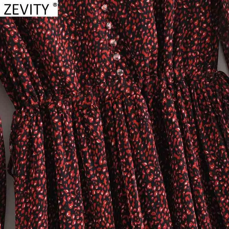 Женщины Vintage V шеи плиты слоеного рукава леопардовый печать MIDI платье леди полосатая повседневная стройная ретро вечеринка Vestido DS4730 210420