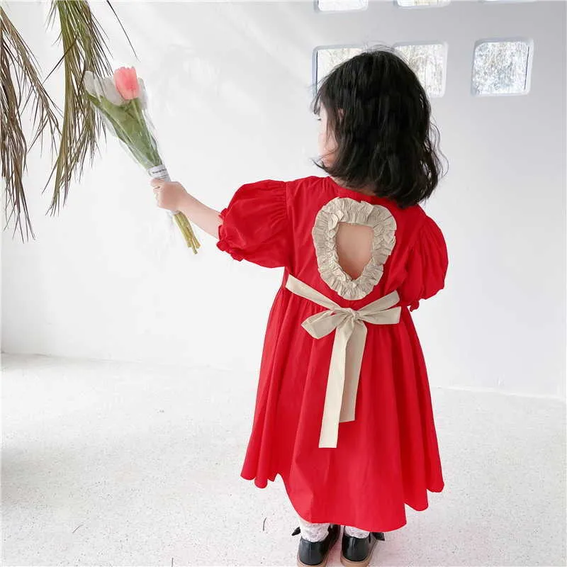Koreaanse stijl zomer kinderen meisjes jurk korte bladerdeeg mouwen openen rug met sjerpen prinses kinderkleding E028 210610