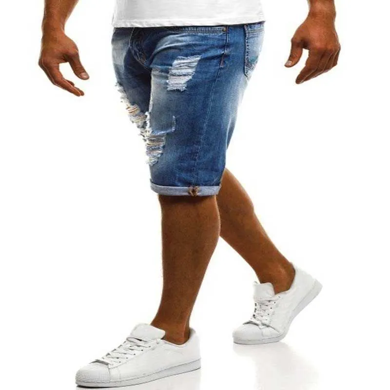 Calções Mens Denim Rasgado Calças de Jeans Curtas Estilo Hip Hop Estilo Luz Jean Hole Zipper Fly Slim Fit Calças Casuais Homens Roupas 210714
