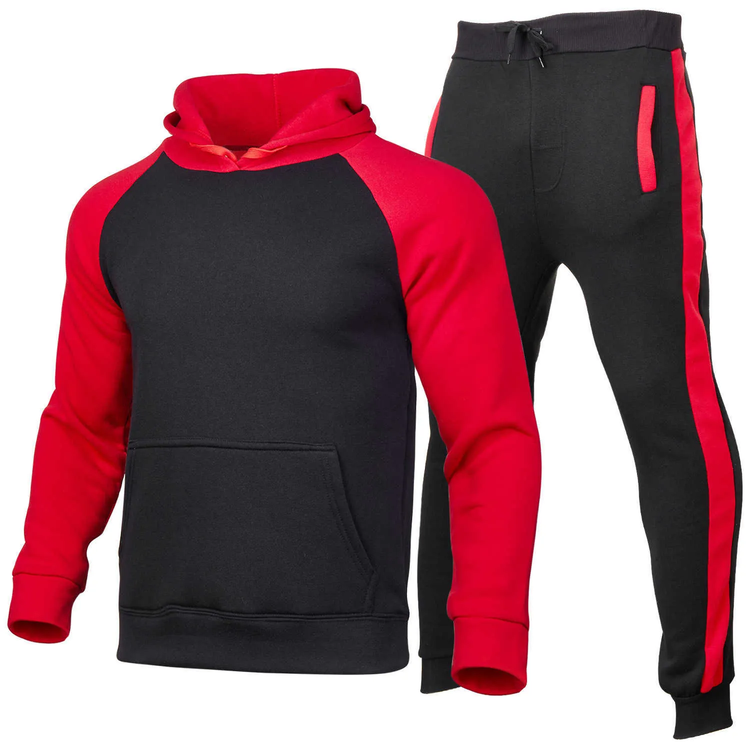 Casual Trainingsanzug Männer Kordelzug Streifen Mit Kapuze Sweatshirt + 2 stücke Hosen Solide Herren Hoodie Pullover Gym Training Schweiß Anzug männlichen 210603