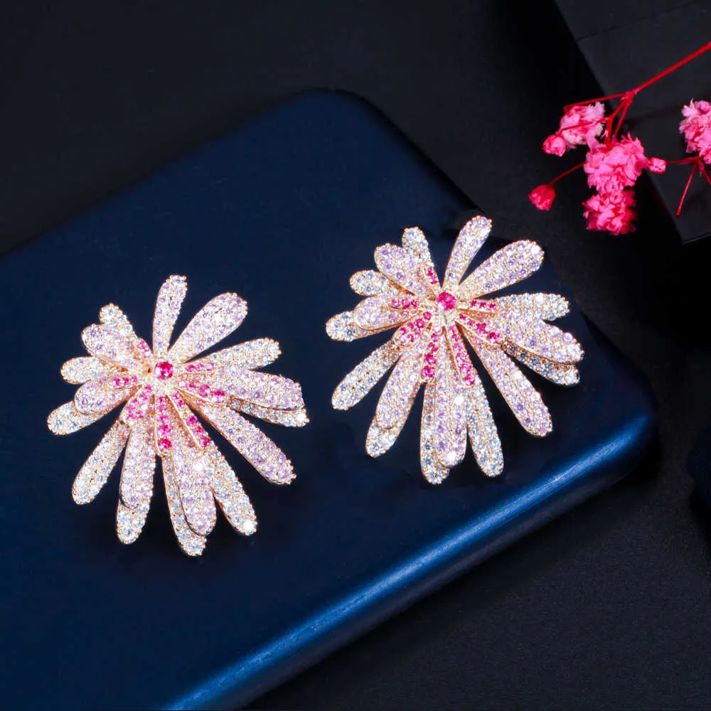 Designer unique rouge rose cubique zircone pavé de grandes boucles d'oreilles à fleurs géométriques pour les femmes de luxe bijoux fantaisie CZ884 2107149078787