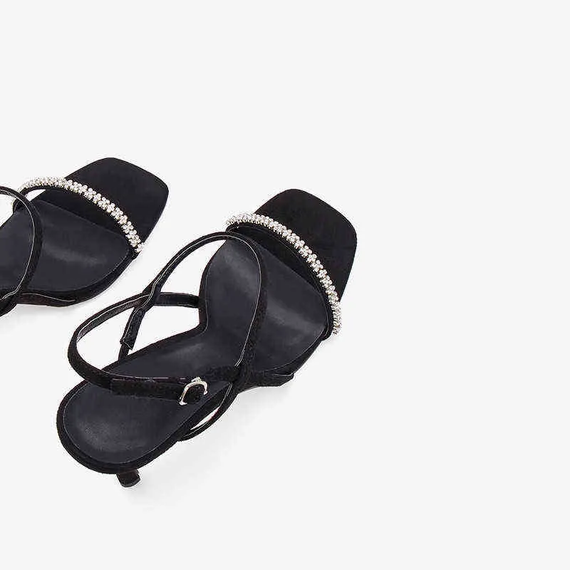 Sandals 2022 Zomer Nieuwe Dames Schoenen Strass Vierkante Teen Sandalen Elegante Dunne Hak Vrouwen Pompen Zwart Dagelijkse Gesp Zapatillas Mujer 220121