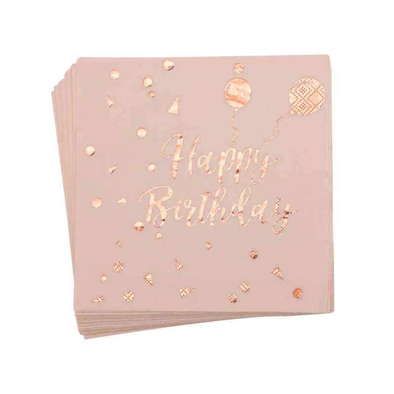 / set Rose Gold Grattis på födelsedagen Decor Girl Disposable Porslin Ställ pappersplatta Stämpling Vuxen Född Party Supplies 211216