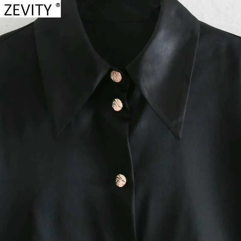 Zevity Damen-Bluse, elegant, Umlegekragen, Schwarz, weicher Satin, Smock-Bluse, Büro-Damen, einreihige Hemden, schicke Blusas-Tops, LS7465 210603