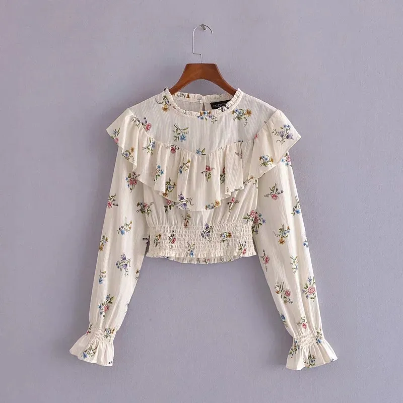 Floral Print Crop Top Women Spring Ruffle Long Sleeve Chic Woman Blouse Fahion Elastic Hem Beautiful Blouses 210519