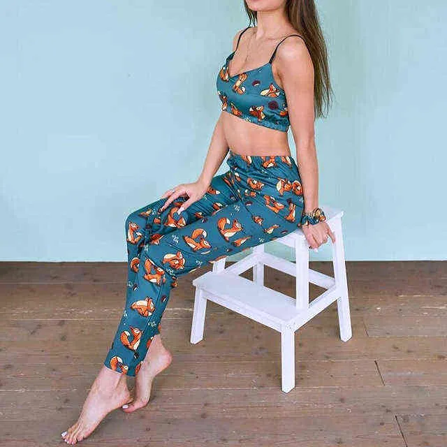 Femmes simulées sérigraphie imprimé fleur soutien-gorge jarretelles pantalons pyjamas amusants et confortables vêtements de maison décontractés 211202