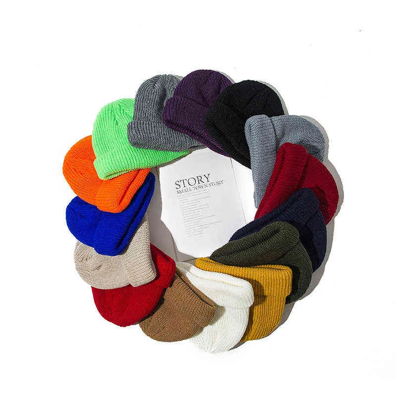 Unisex stickad melon kepsar vinter ribbad stickad manschettad kort lock solid färg skullcap baggy skidfiskare docker beanie hattar y21111