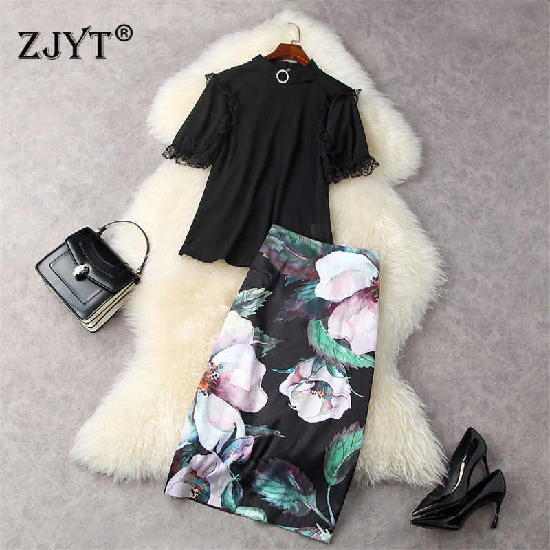 Fashion Summer Runway Suit Women Short Sleeve Black Shirt and Floral Print Pencil Skirt Two Piece Sets 210601