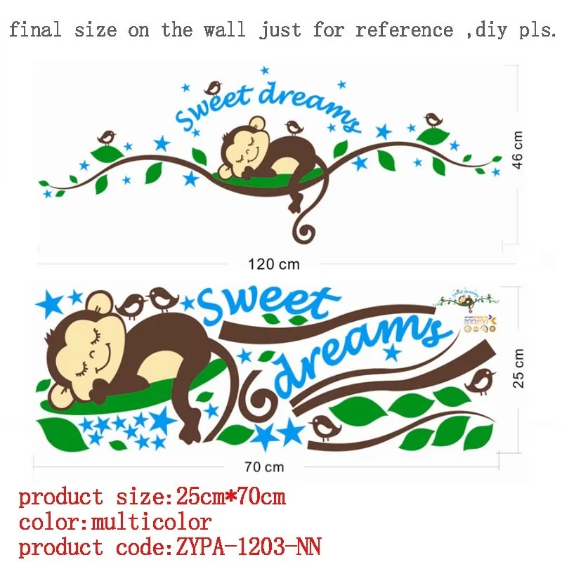 Sweet Dreaming Scimmia addormentata sugli alberi adesivi murali camerette 1203 decalcomania murale Kids Nursery Bedroom Decoration 210420