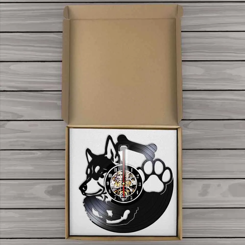 Husky sibérien Record horloge murale sans tic-tac animalerie Vintage Art décor suspendu montre chien race Husky chien propriétaire idée cadeau X07265307087