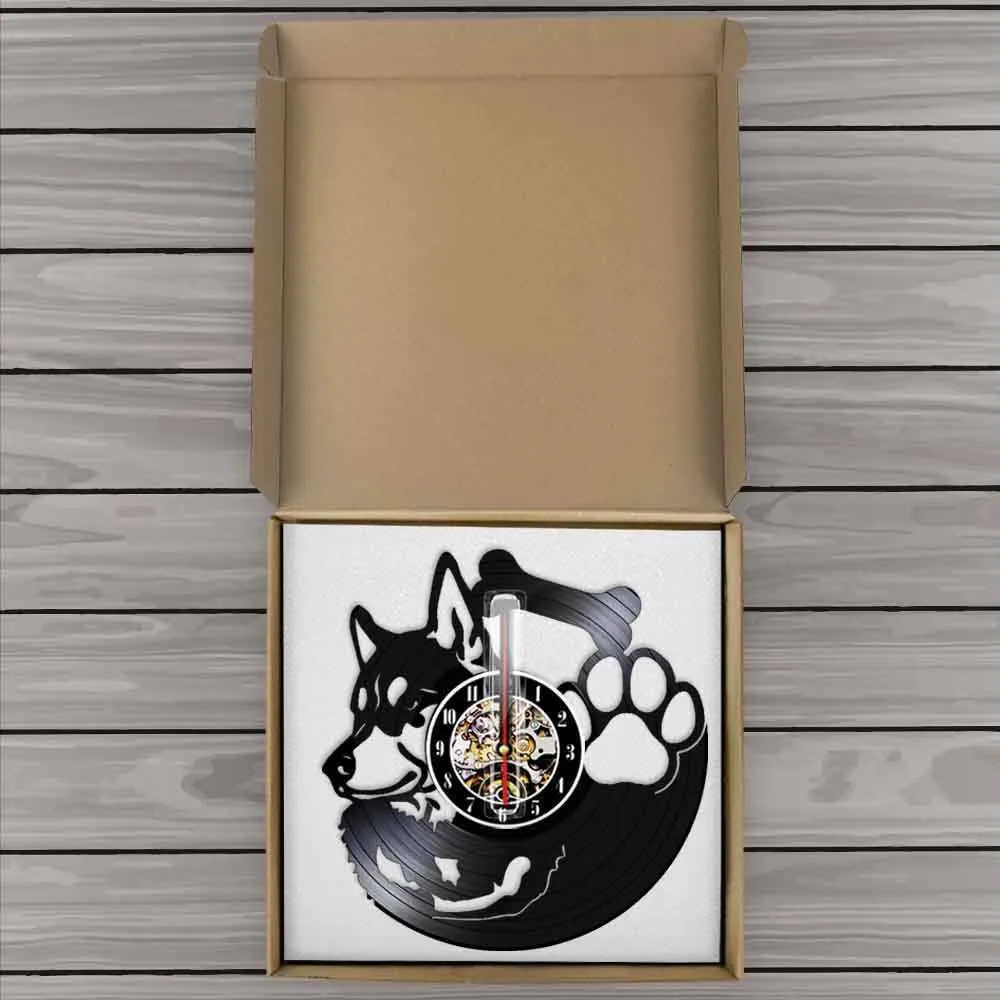 Siberian Husky Orologio da parete con disco in vinile, senza ticchettio, negozio di animali, decorazioni artistiche vintage, orologio da appendere, cane, razza, proprietario di cane Husky, idea regalo X02570