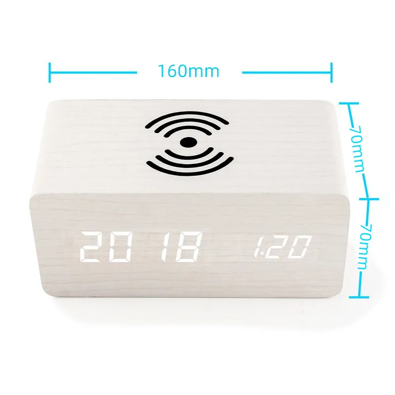 Despertador digital com almofada de carregamento sem fio Qi, relógios noturnos de madeira, função de controle, 3 configurações, 4 cores 9452552