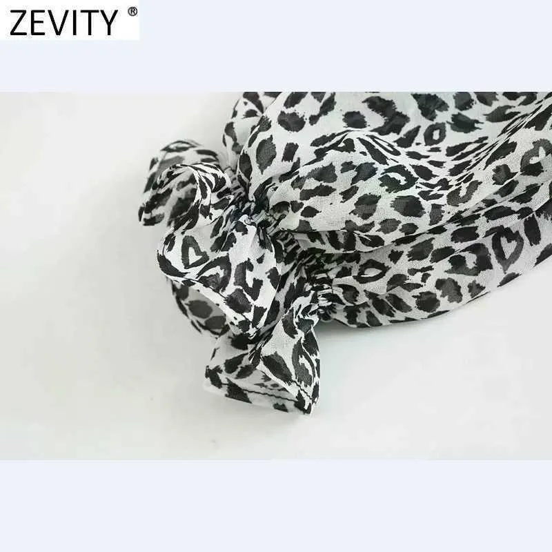 Zevity kvinnor vintage v nacke leopard tryck kort smock blus kvinnlig pleat ruffles kimono skjorta chic gröda blusas toppar ls9359 210603