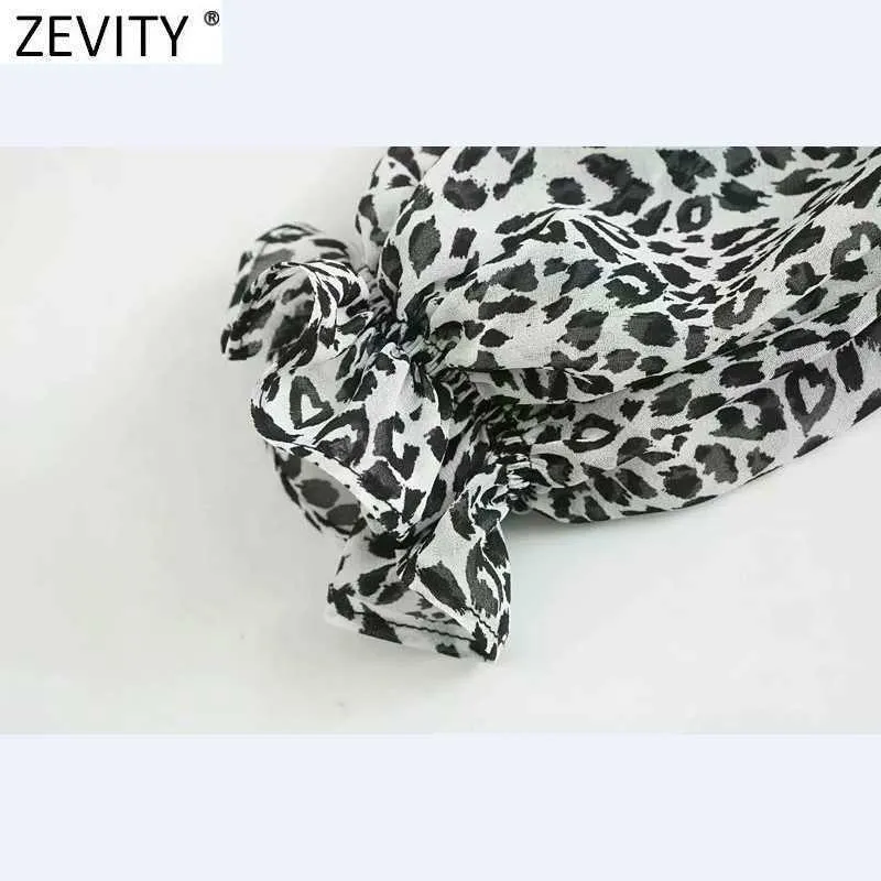 Zevity Women Vintage V Neck Leopard Print Short Smock Blouse Female Pleat Ruffles Kimono Shirt Chic Crop Blusas Tops LS9359 210603