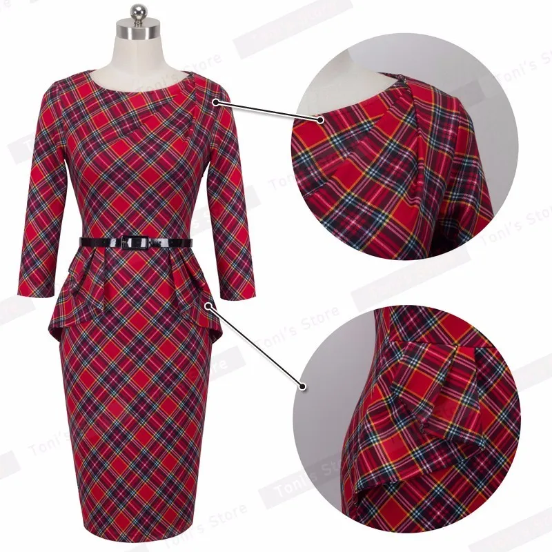 Nice-Forever Automne Vintage Rouge Plaid Peplum Robes Bureau d'affaires Moulante Ajustée Femmes Robe Crayon btyB267 210419