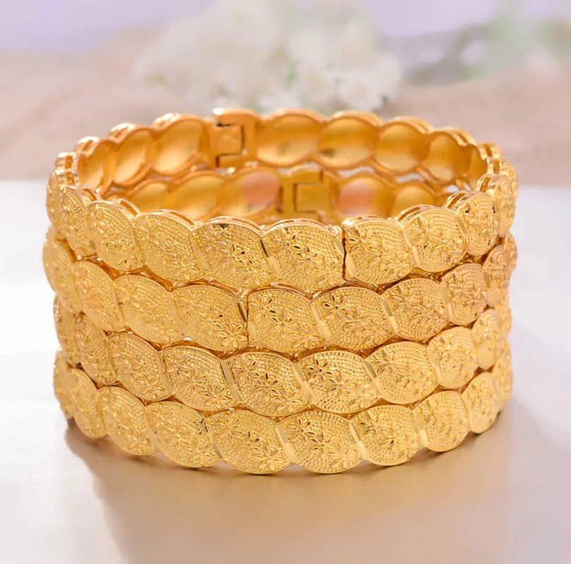 4 قطعة / الوحدة 24K دبي أساور الذهب الأفريقي اللون للنساء الفتيات أساور مجوهرات الاثيوبية العروس الزفاف الحلي هدية 210918