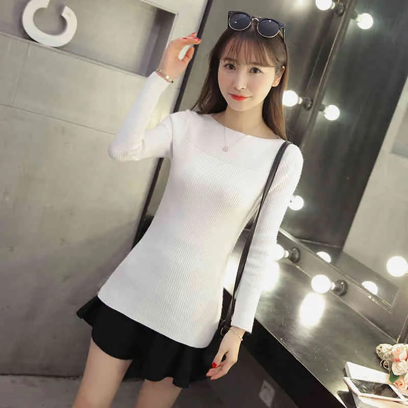 Lucyever Fashion Slash Neck Knit Suéteres Mujeres Otoño Coreano Elástico Slim Jerseys Mujer Simple Sólido Casual Tops Mujer 210521