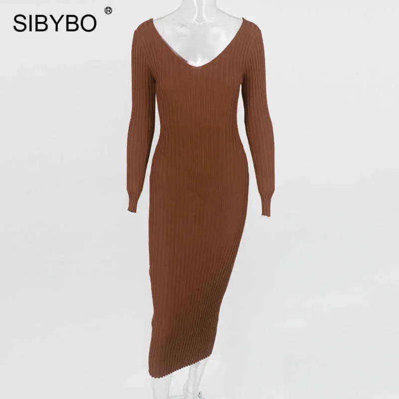 Sibybo Winter Ribbed Gebreide Katoenen Jurk Dames Off Schouder Lange Mouw Sexy Bodycon Jurken Elastische Slanke Partij Vestidos 2021 G1214