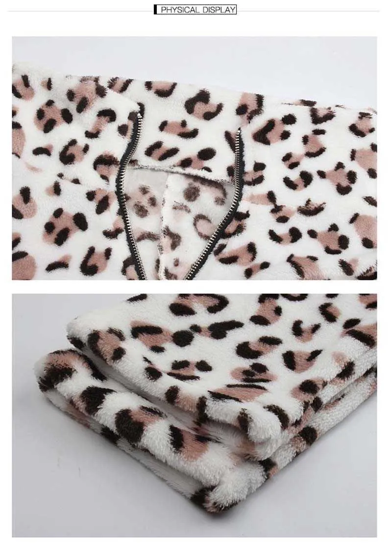 Vintage Leopard Printed Plush Women Sweatshirt Hoodie Casual Turn-Down Collar Zip Warm Fleece Female Pullovers W653 210526