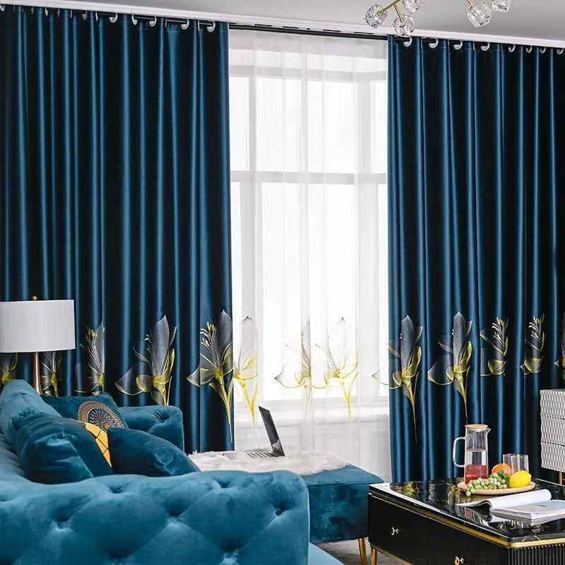 Luxe Lelie Geborduurde Gordijn Tule voor Woonkamer Slaapkamer Villa Royal Satin 95% Fysische Blackout Window Drapes X777F 210712