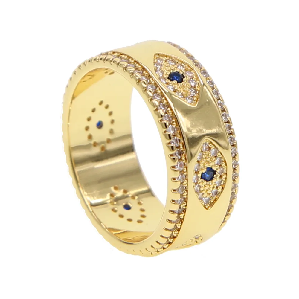 Gegraveerde CZ Evil Eye Gold Color Brede verlovingsband Ringen voor Lady Women Party Gift Finger Jewelry Classic Summer Lucky Ring9773202