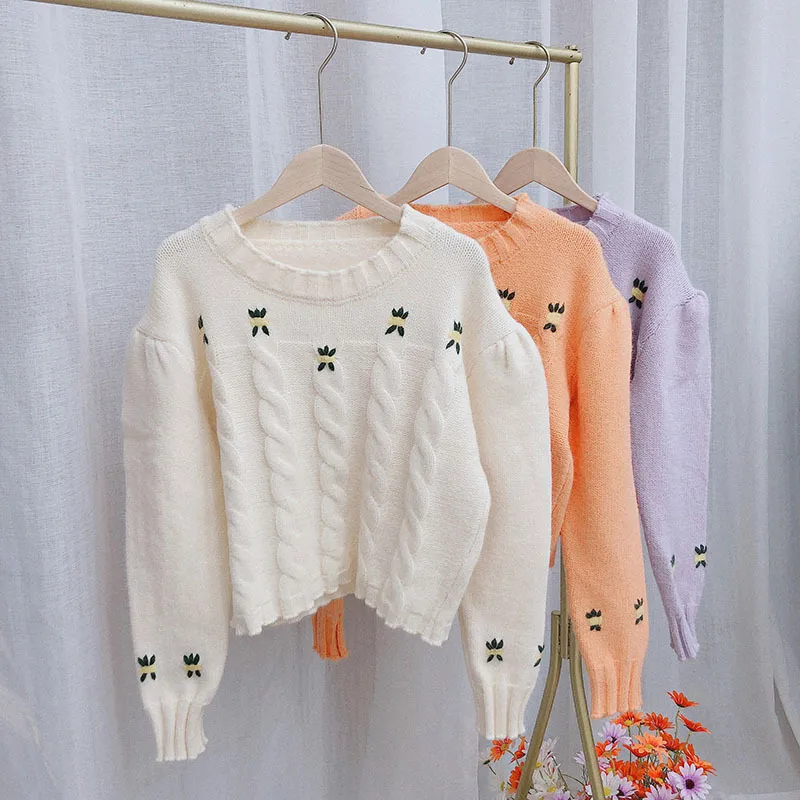 Коробов Новое поступление с длинным рукавом женщин пуловеры свитеров цветок вышивка o шеи джемпер Femme Crop Seher Mujer 210430