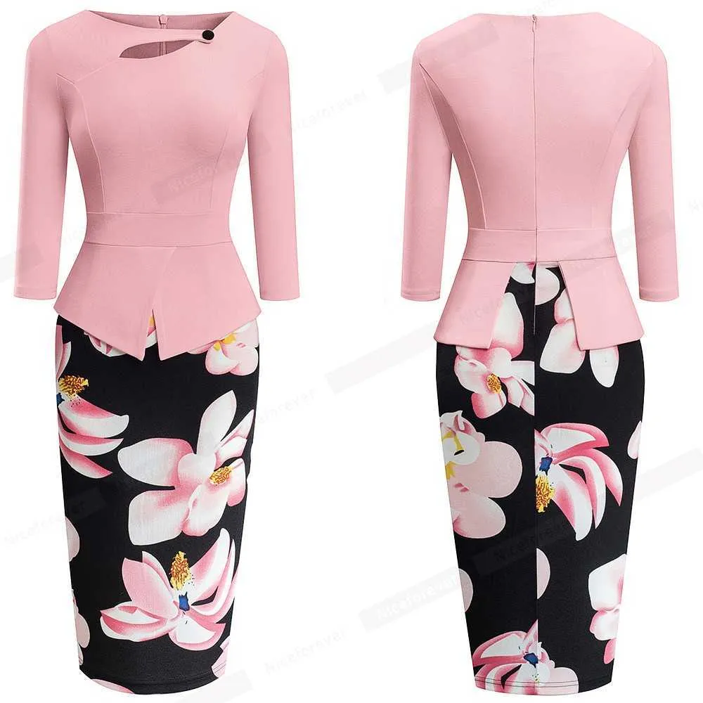 Güzel-sonsuza Sonbahar Sonbahar Baskı Çiçek Patchwork Düğme Gündelik Elbise Iş Üç Çeyrek Zip Geri Bodycon Yaz Ofis Elbise B288 210630