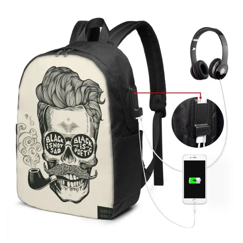 Rucksack Vintage Barbershop Poster Barber Skull Damen Herren USB-Aufladung Schultasche für Mädchen Jungen Reise Laptop Büchertasche Daypack255K