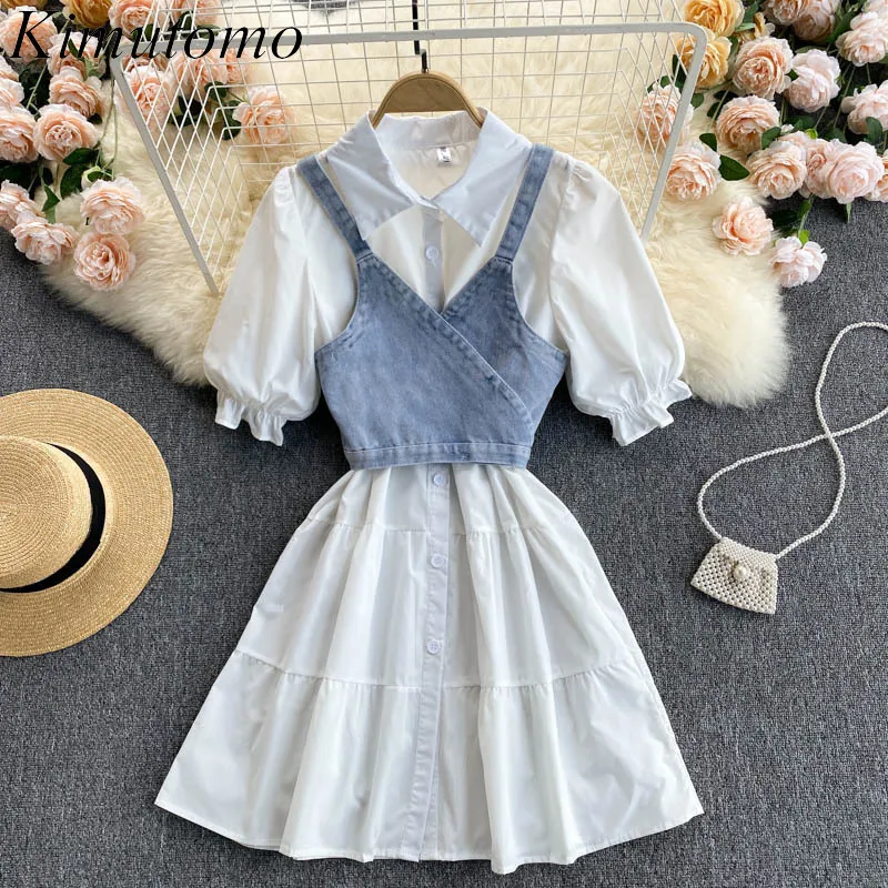 Kimutomo Vintage Chic Suit Women Hong Kong Style Kort Puff Sleeve Vitskjorta Klänning + Solid Färg Denim Sling Two Piece Set 210521