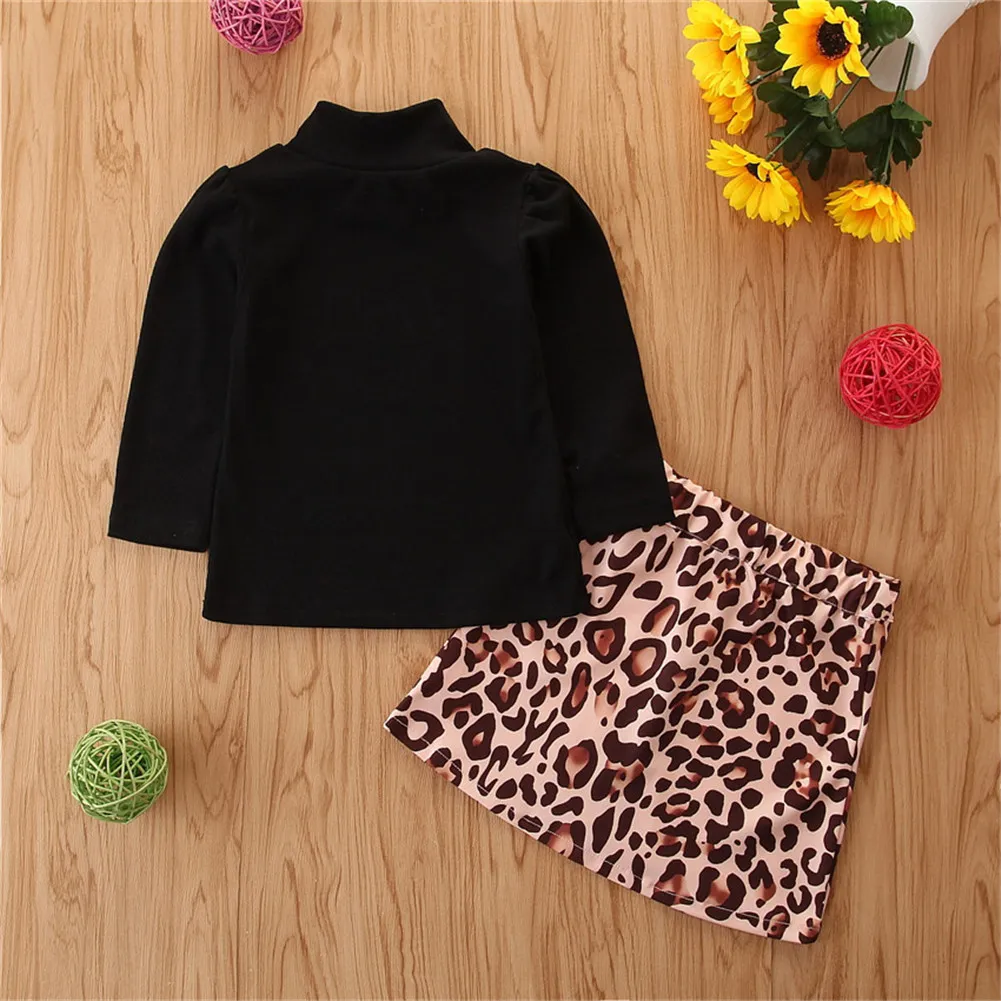 1-6Y Toddler Kid Girls Clothes Set Black Turtleneck Long Sleeve Tops + Leopard Skirts Outfits Autumn Children Costumes 210515