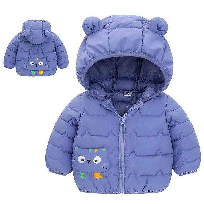 Winter Girls Boys Jacket Cartoon Cat Cotton Warm Outerwear For Plus Velvet Thickening Kids Coats Children Clothes 211204