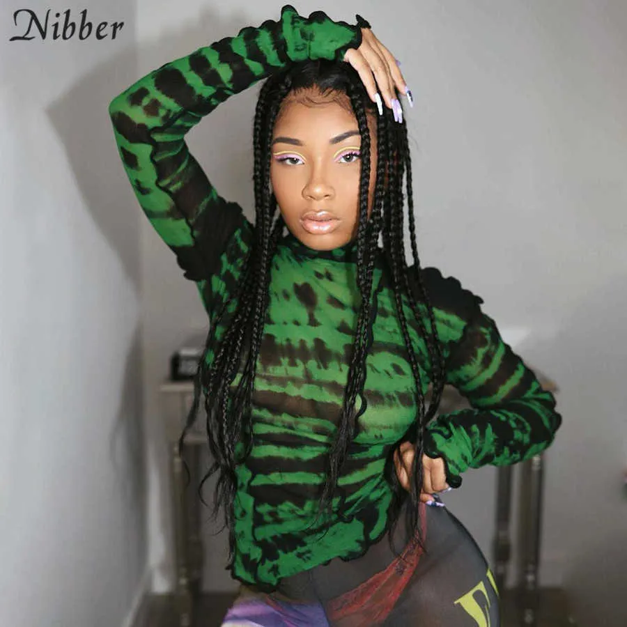 Nibber T-shirt dolcevita a righe con volant alla moda Donna Autunno See-Through Patchwork Skinny Club Streetwear Harajuku Clother Y0629