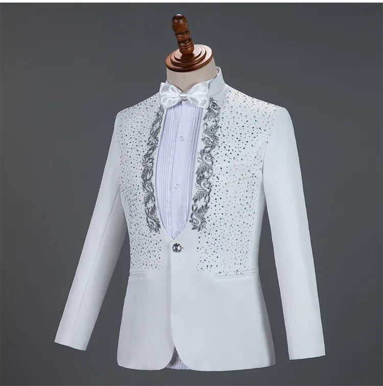 White Sparkly Crystals Embroidery Mens Suits With Pants Wedding Groom Tuxedo Suit Men Stand Collar Stage Costume Homme Mariage 210522