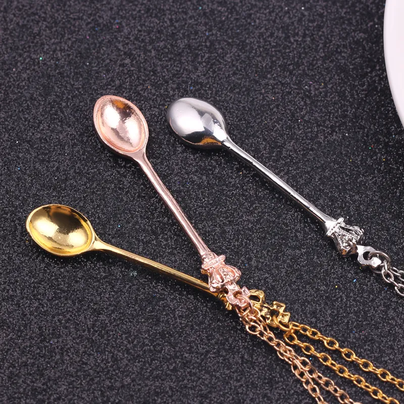 Charm Tiny Tea Lepoon Form Pendant ketting met kroon voor vrouwen 4 kleuren Creatieve mini long link sieraden ketting3483882