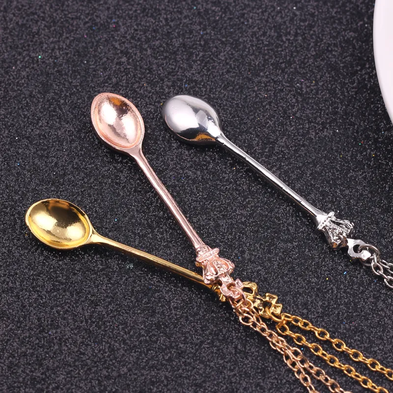 Charm Tiny Tea Spoon Shape Pendant Necklace With Crown for Women Creative Mini Long Link Jewelry Spoon Necklace3035529