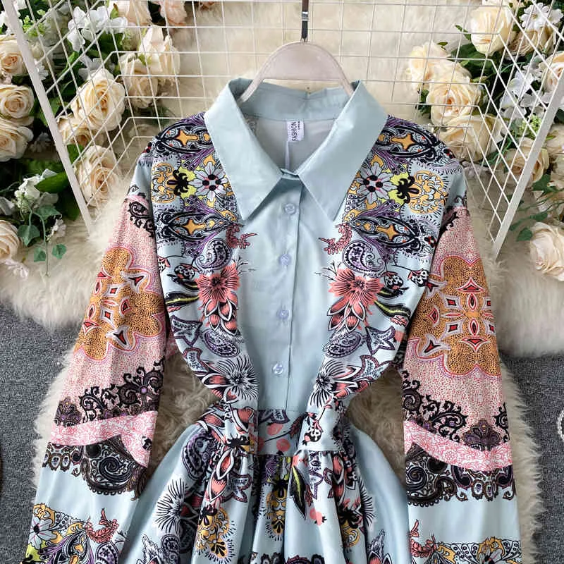 Femmes Bohemian Print Robe Automne Turn-Down Collier Puff Manches Une ligne Maxi Robe Casual Robe de vacances Palace Style 210419