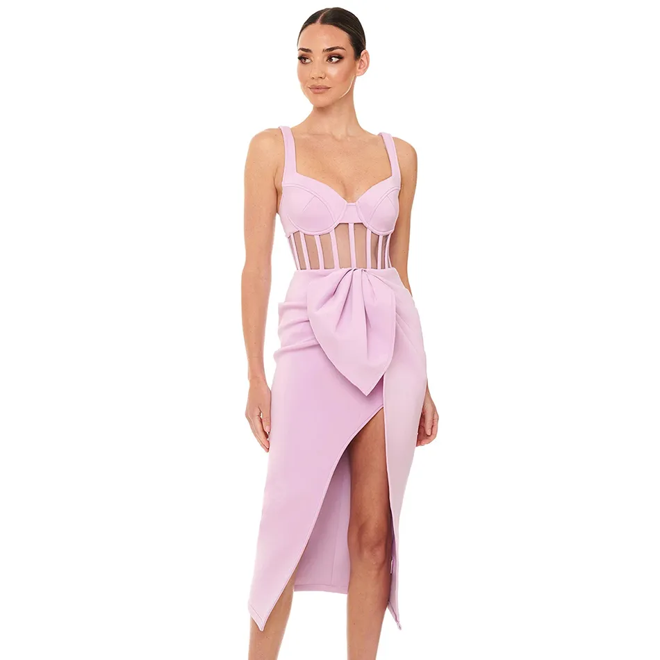 Free Pink Midi Bandage Dress Women Sexy Strap V-neck Sleeveless Hollow Draped Split Celebrity Club Party Vestidos 210524