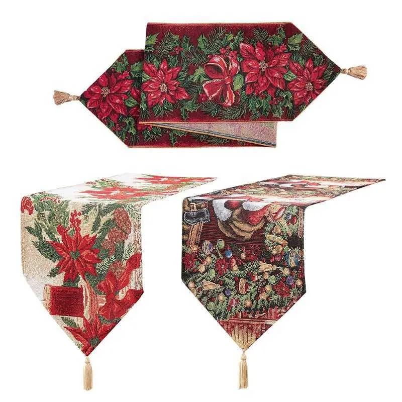 13x70" Holiday Christmas Table Runner with Tassels, Polyester Cotton Blend Floral Flower Dresser Scarf Topper 210708