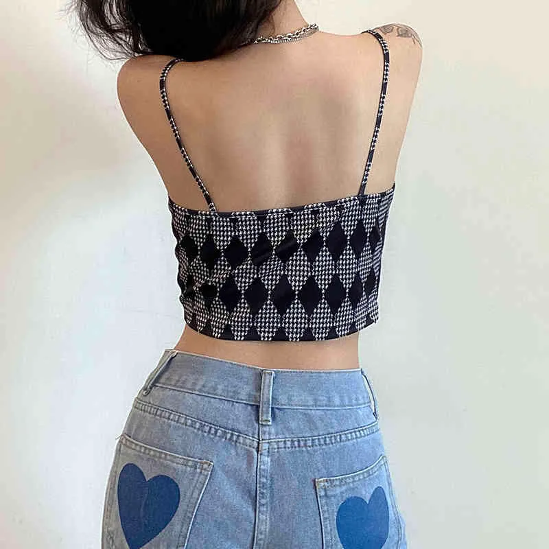 Argyle Printed Y2k Camis Crop Top For Girls With Thin Strap Summer Women Vintage Plaid Shirt Backless Sexy Party Tee Female 210510