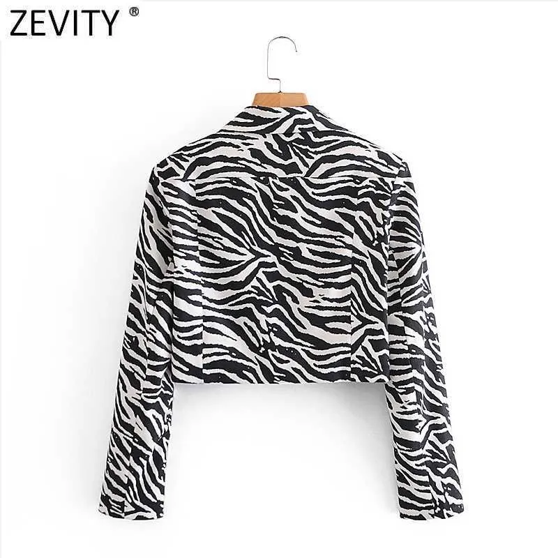 Zevity Femmes Vintage Noir Blanc Zebra Stripe Imprimer Chic Blazer Court Bureau Dames Boutonné Casual Outwear Costume Tops CT640 210603