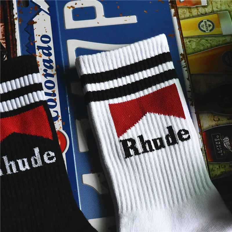 Rhude Socken für Herren und Damen, lässig, hochwertige Baumwolle, Rhude Crew Socke, Schwarz, Weiß