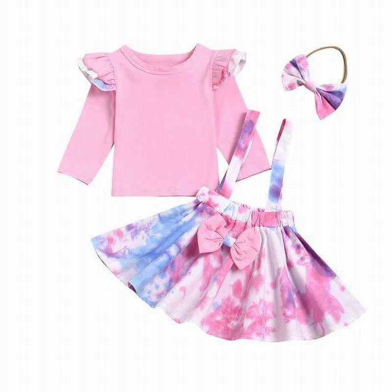 Wholesale Outfits Girls Cotton T-shirt+Dot Suspender Skirt+Hair Ring Baby Girl Sets Clothes E1 210610