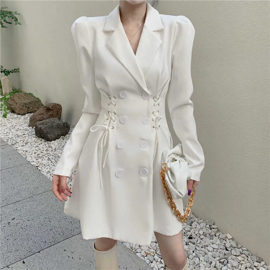 Mini Dres Çentikli Boyun Zarif Ofis Lady Kore Tarzı Giyim Katı Moda Kadın İş Elbiseler Sonbahar 210604
